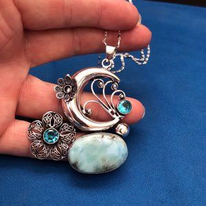 Moon -Flower Republic Larimar, Blue Topaz Gemstone 925 Stamped Necklace